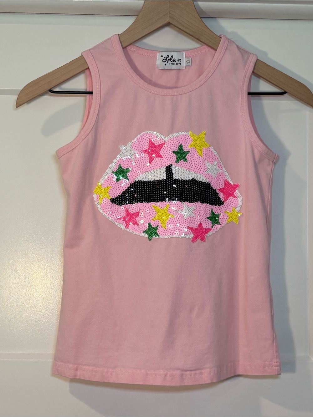 Lola + The Boys Pink Sequin Lip Tank with Multi-Color Stars - Picture 2 of 5